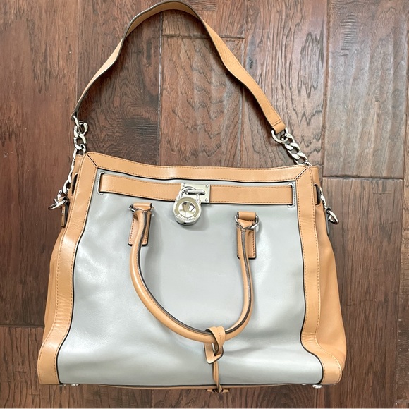 Michael Kors Hamilton Frame Out Steel Gray Acorn Leather Satchel Bag - Picture 8 of 15